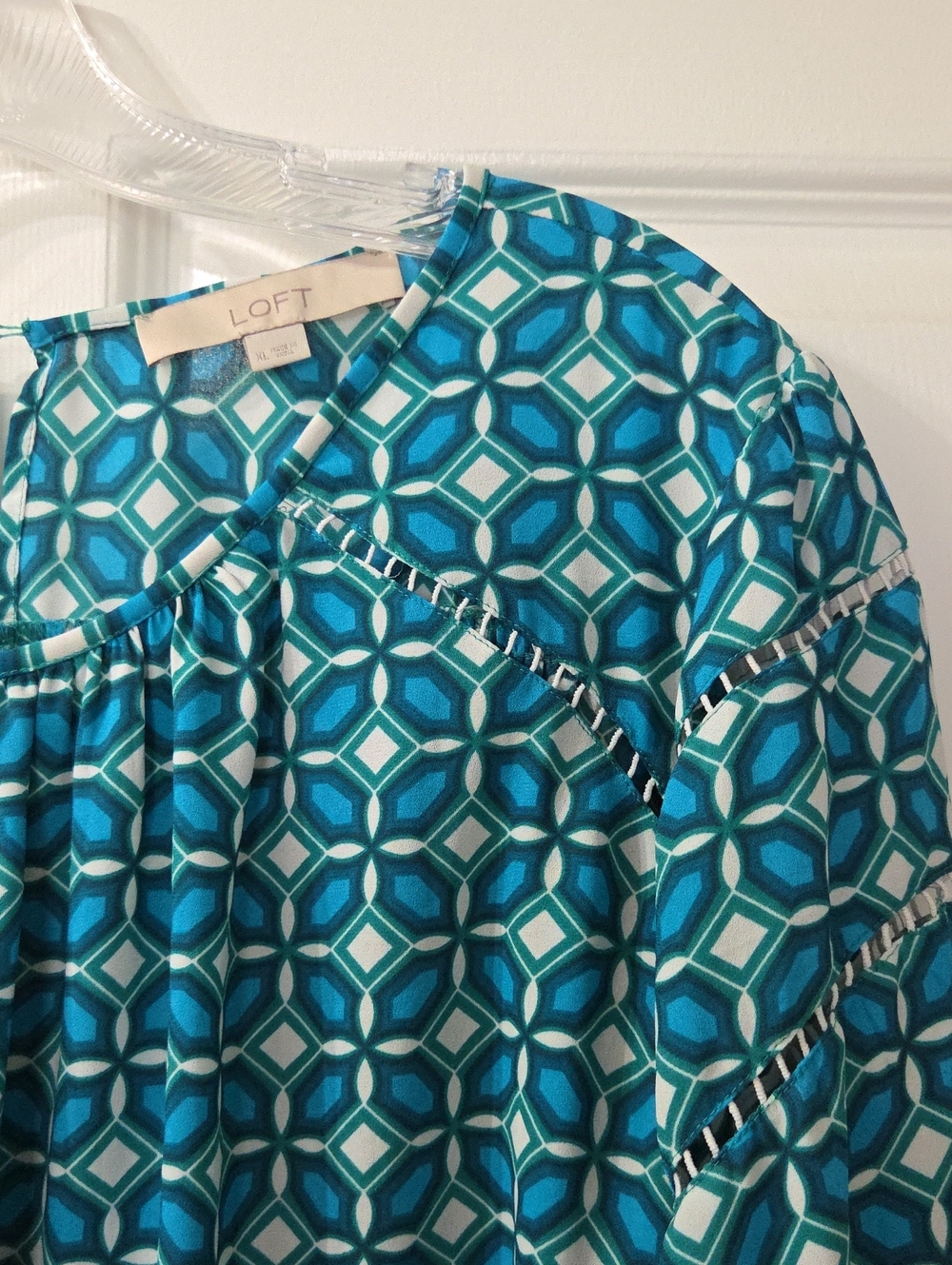 LOFT Teal & White Geometric Scoop Neck Tunic Top, Size XL